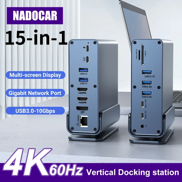15 In 1 USB-C Docking Station，Type-C 4K60Hz HUB With HDTV*2+PD 100W+USB 2.0/3.0+SD+TF+RJ45 Ethernet+3.5 mm Audio+VGA For Laptop